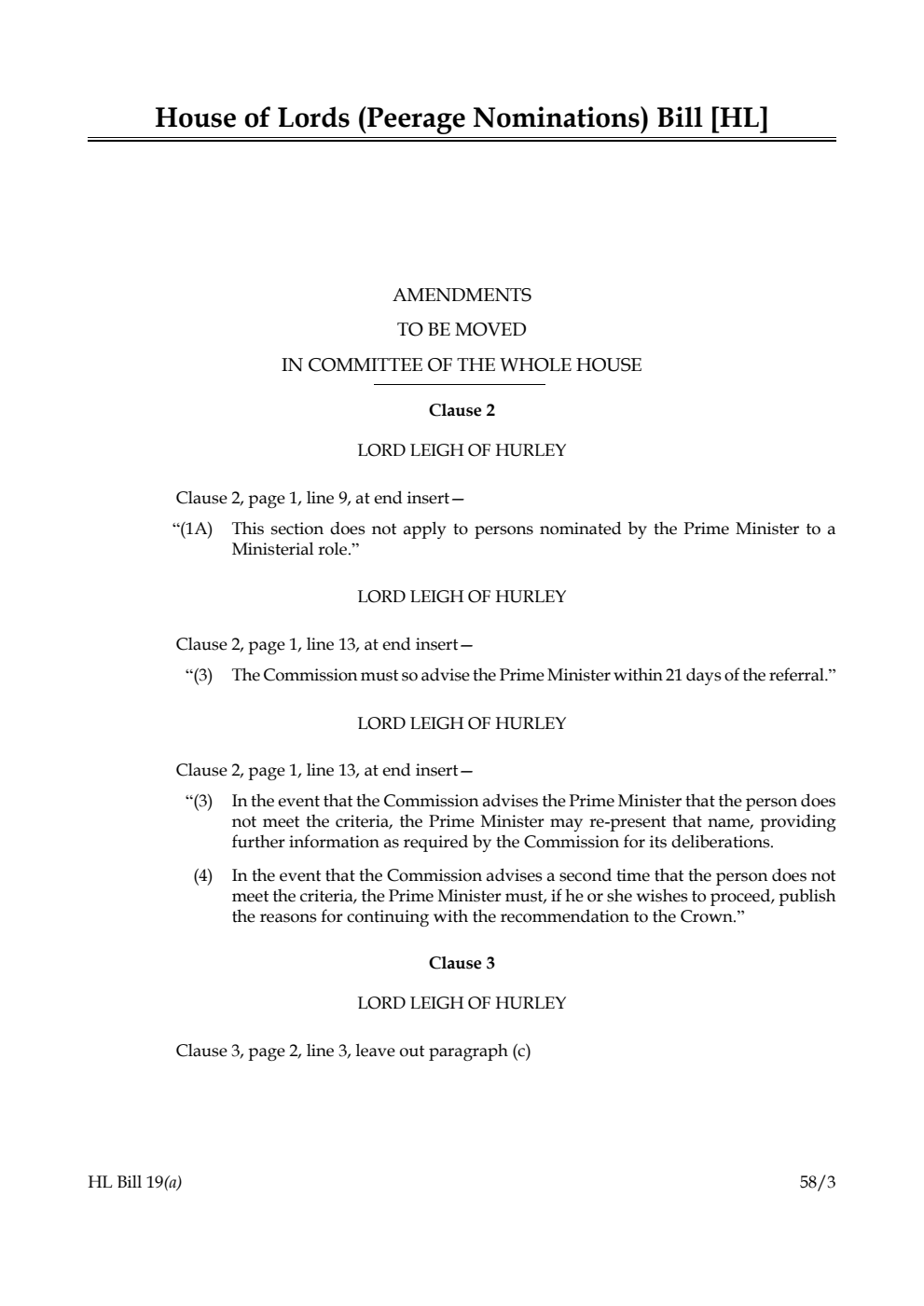 House of Lords (Peerage Nominations) Bill Amendments to be moved in Committee of the Whole House