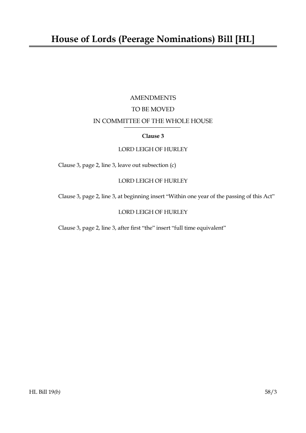 House of Lords (Peerage Nominations) Bill Amendments to be moved in Committee of the Whole House