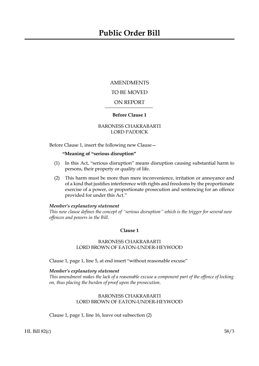 Public Order Bill Amendments to be moved on Report