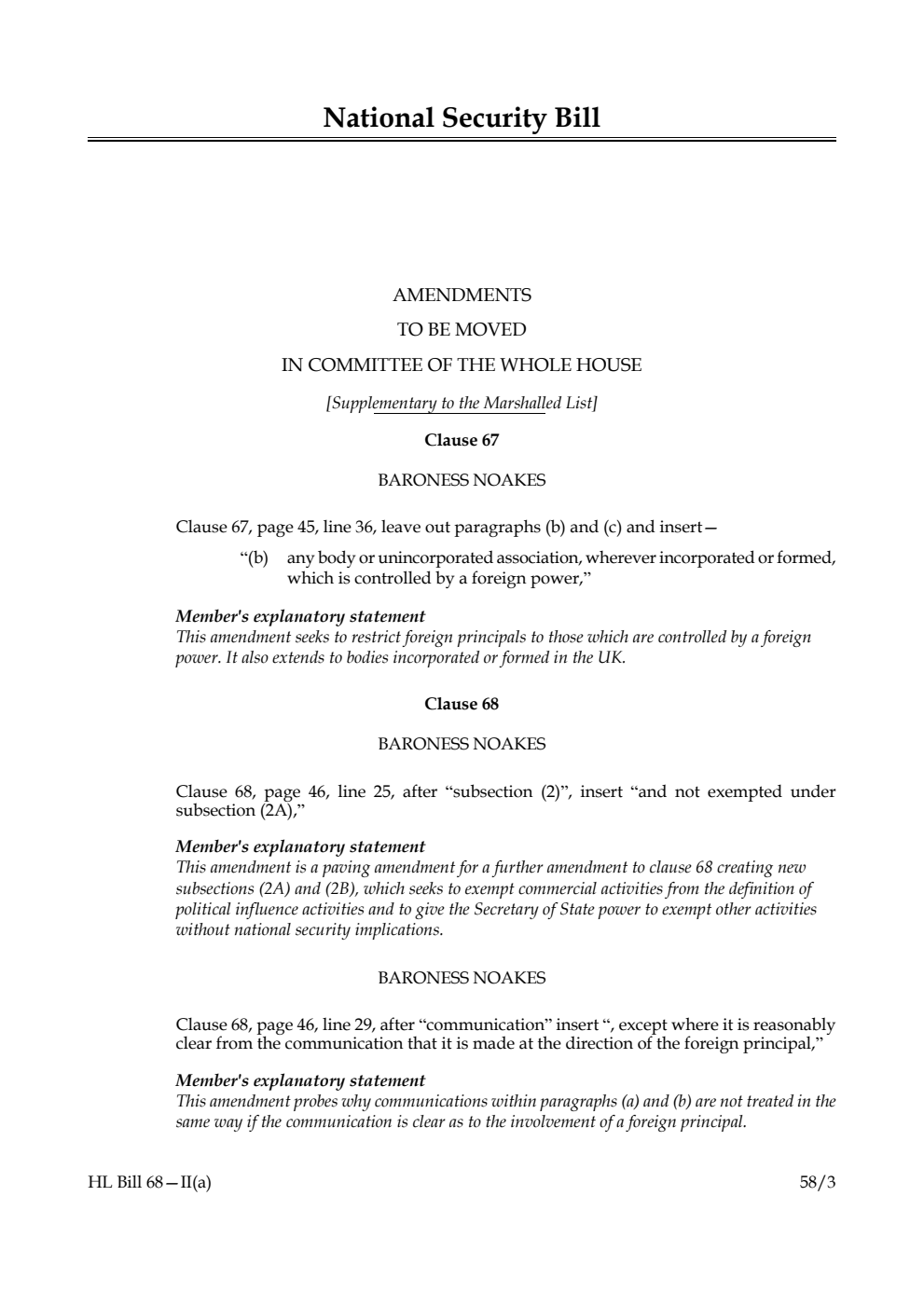 National Security Bill Amendments to be moved in Committee of the Whole House [Supplementary to the Marshalled List]