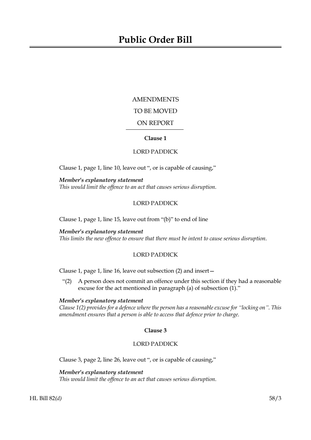 Public Order Bill Amendments to be moved on Report