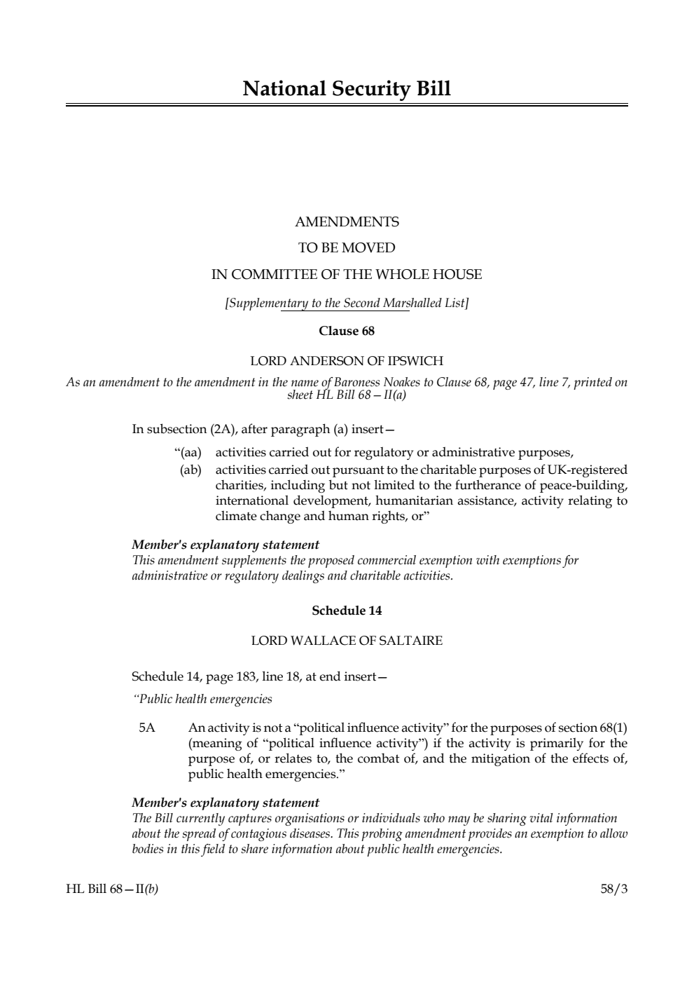 National Security Bill Amendments to be moved in Committee of the Whole House [Supplementary to the Second Marshalled List]