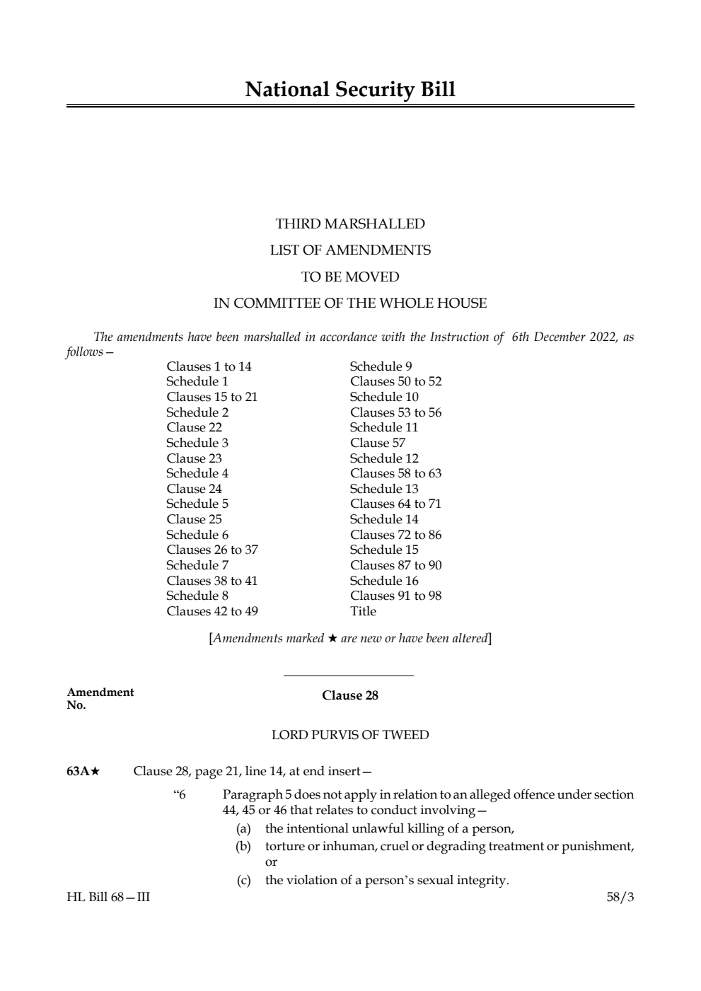 National Security Bill Third Marshalled List of Amendments to be moved in Committee of the Whole House