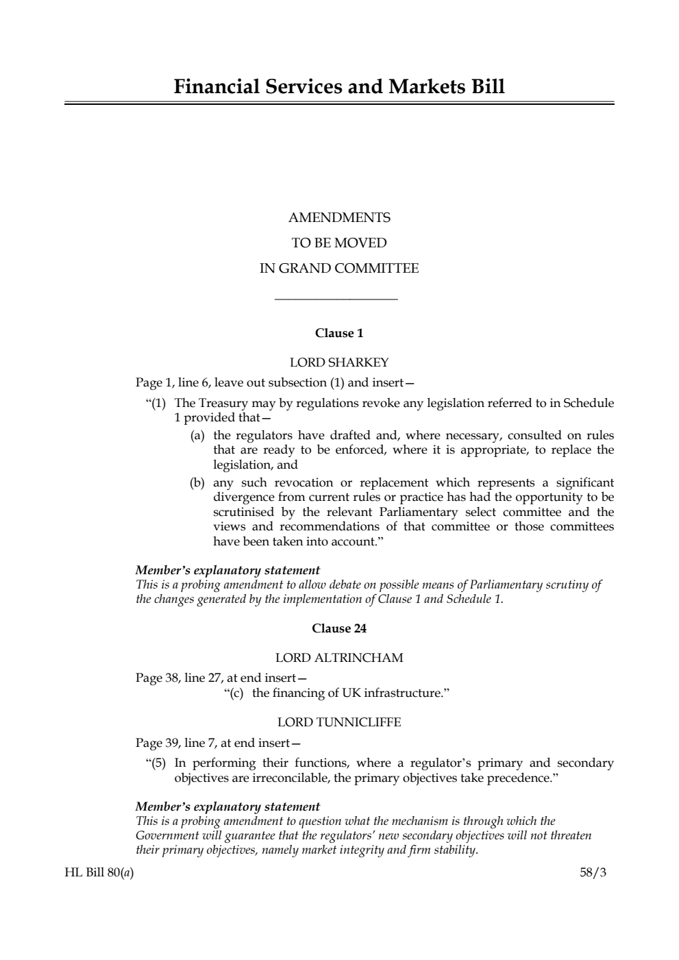 Financial Services and Markets Bill Amendments to be moved in Grand Committee