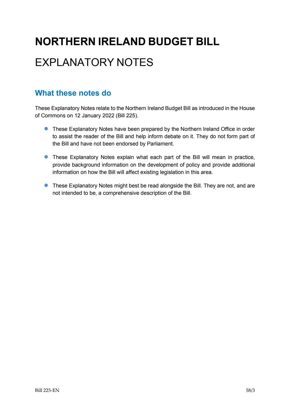Northern Ireland Budget Bill Explanatory Notes