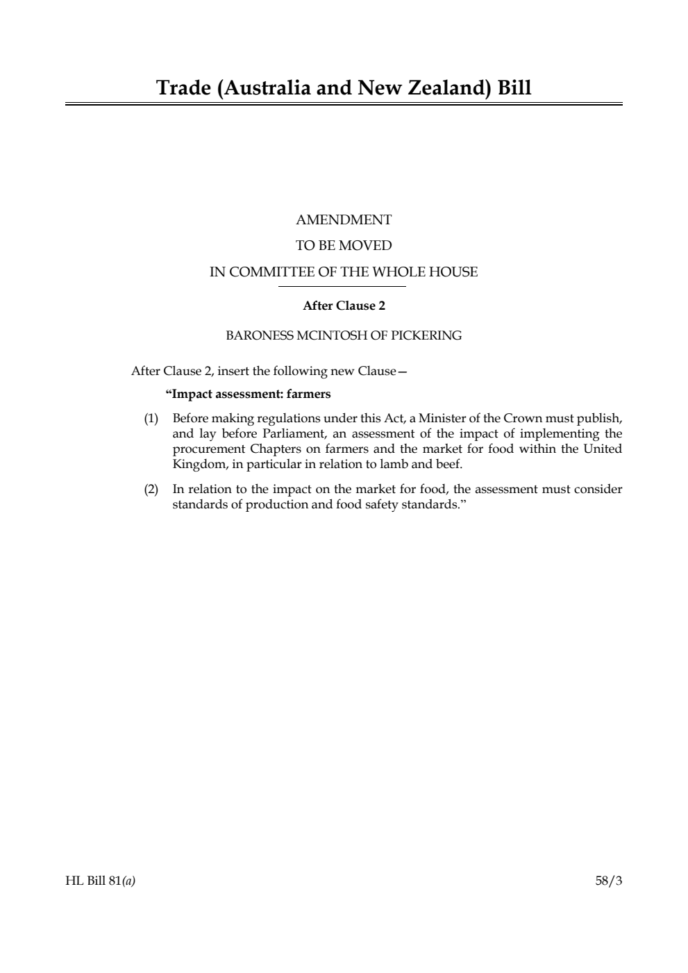 Trade (Australia and New Zealand) Bill Amendment to be moved in Committee of the Whole House