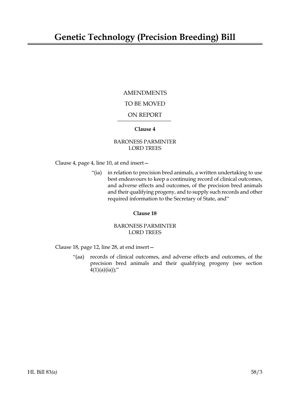 Genetic Technology (Precision Breeding) Bill Amendments to be moved on Report