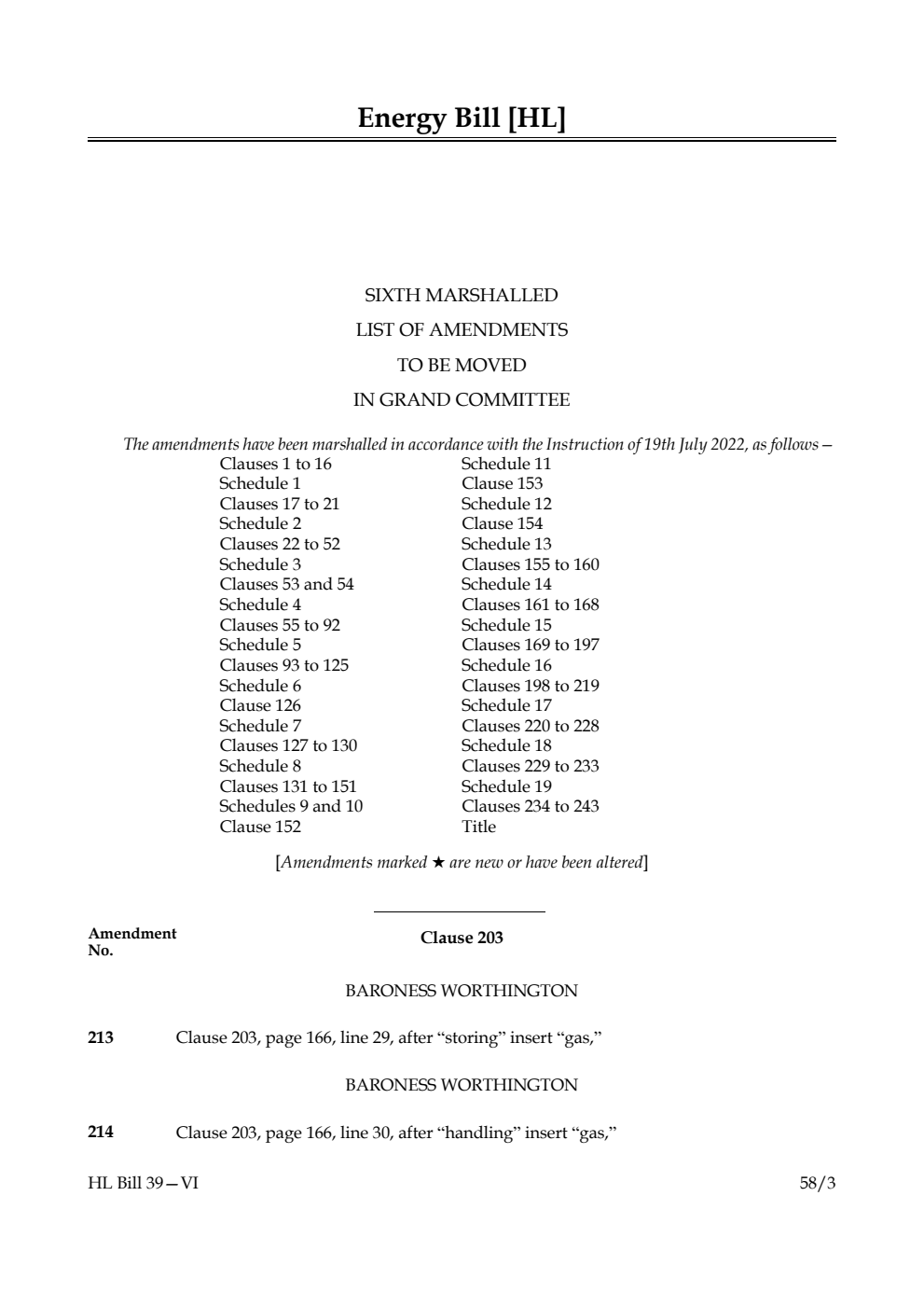 Energy Bill [HL] 6th Marshalled List of Amendments to be moved in Grand Committee