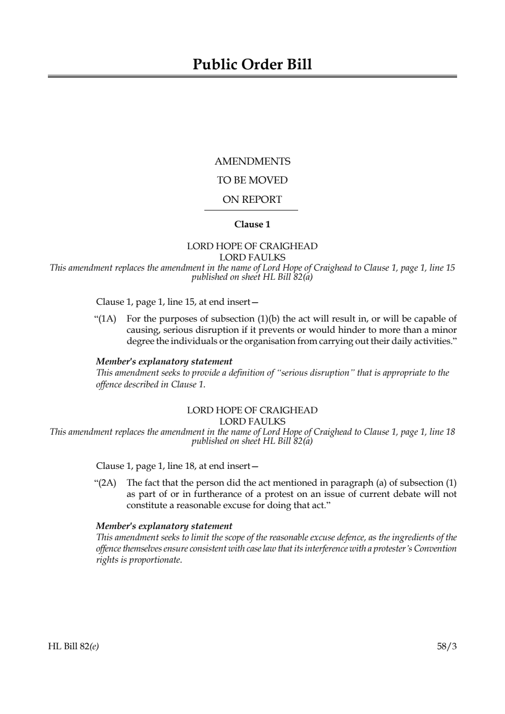 Public Order Bill Amendments to be moved on Report