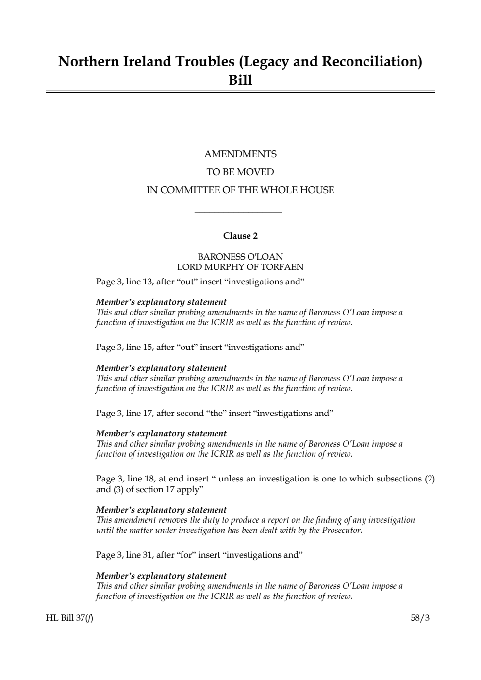 Northern Ireland Troubles (Legacy and Reconciliation) Bill Amendments to be moved in Committee of the Whole House