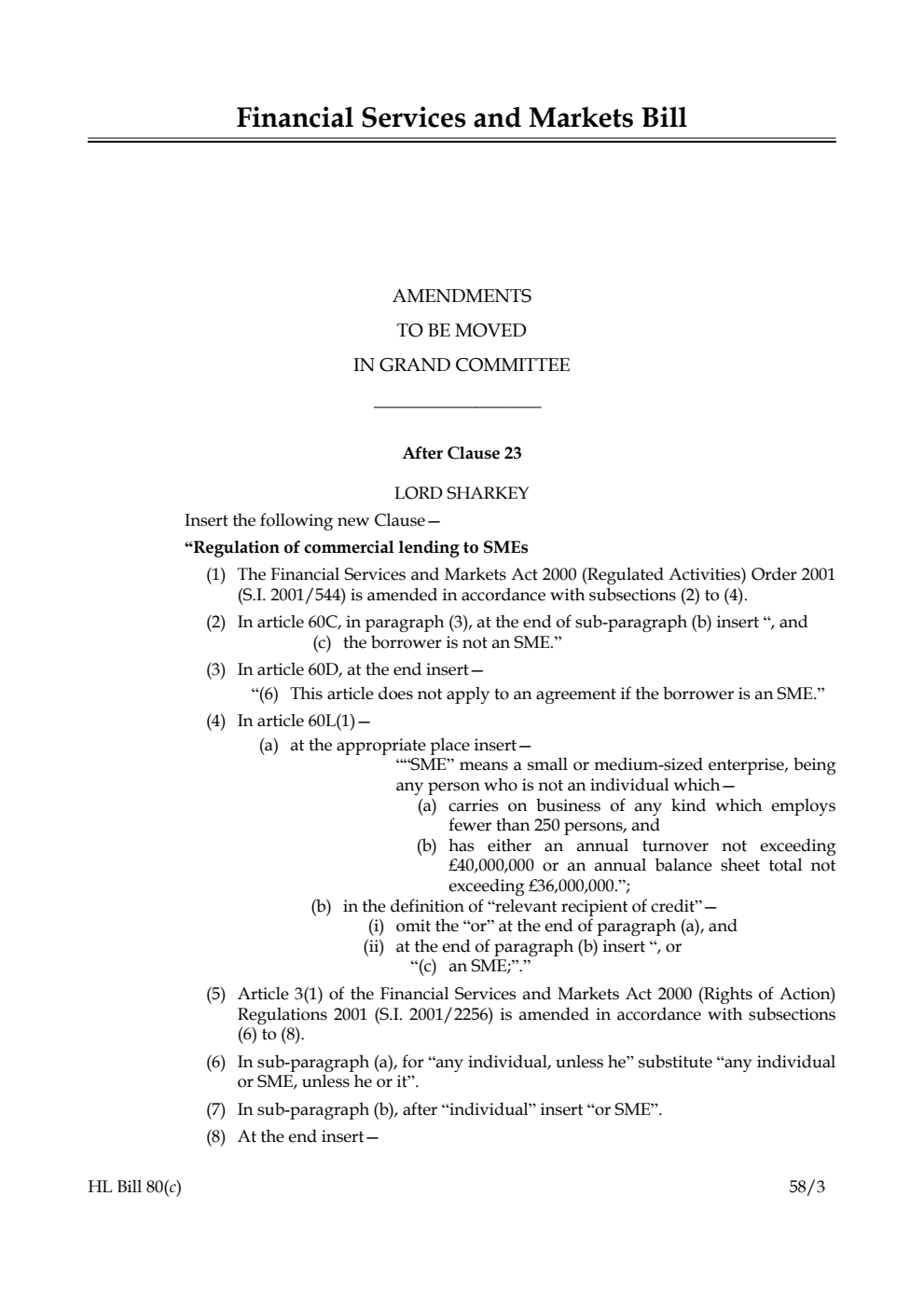 Financial Services and Markets Bill Amendments to be moved in Grand Committee