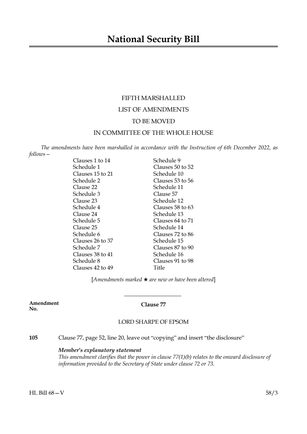 National Security Bill Fifth Marshalled List of Amendments to be moved in Committee of the Whole House