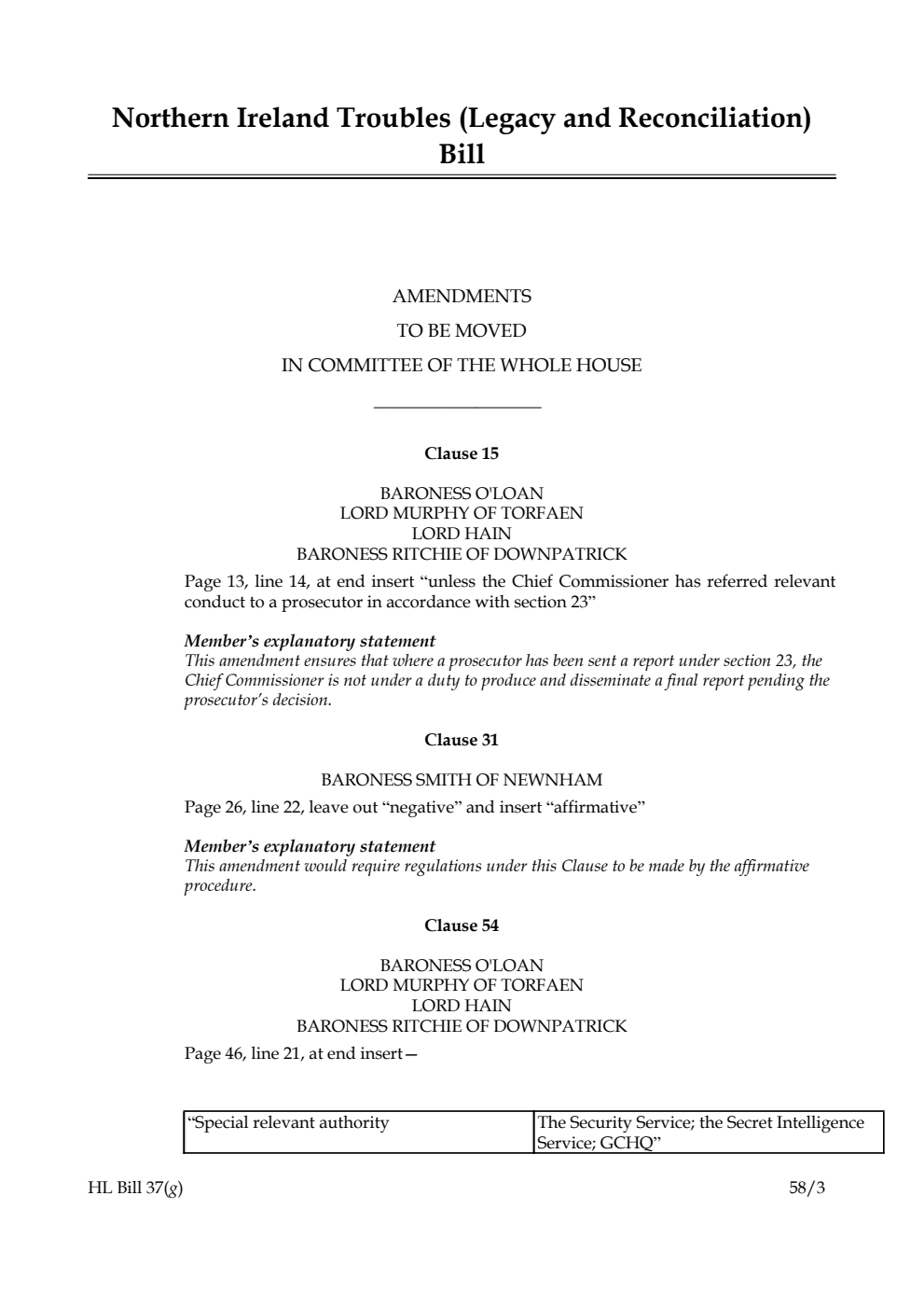 Northern Ireland Troubles (Legacy and Reconciliation) Bill Amendments to be moved in Committee of the Whole House