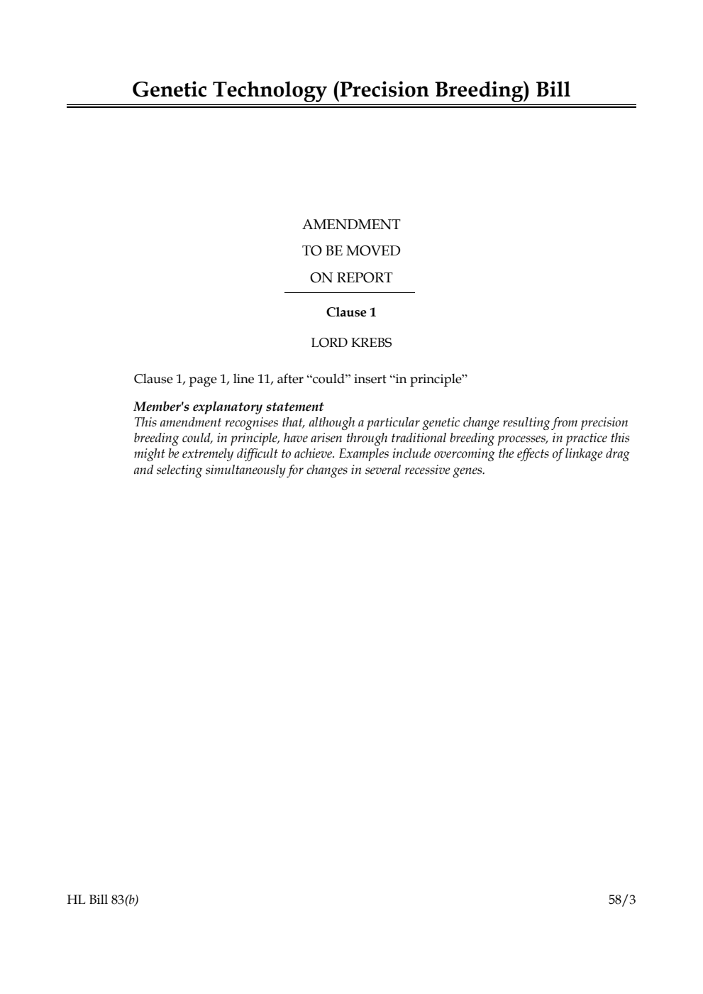 Genetic Technology (Precision Breeding) Bill Amendment to be moved on Report