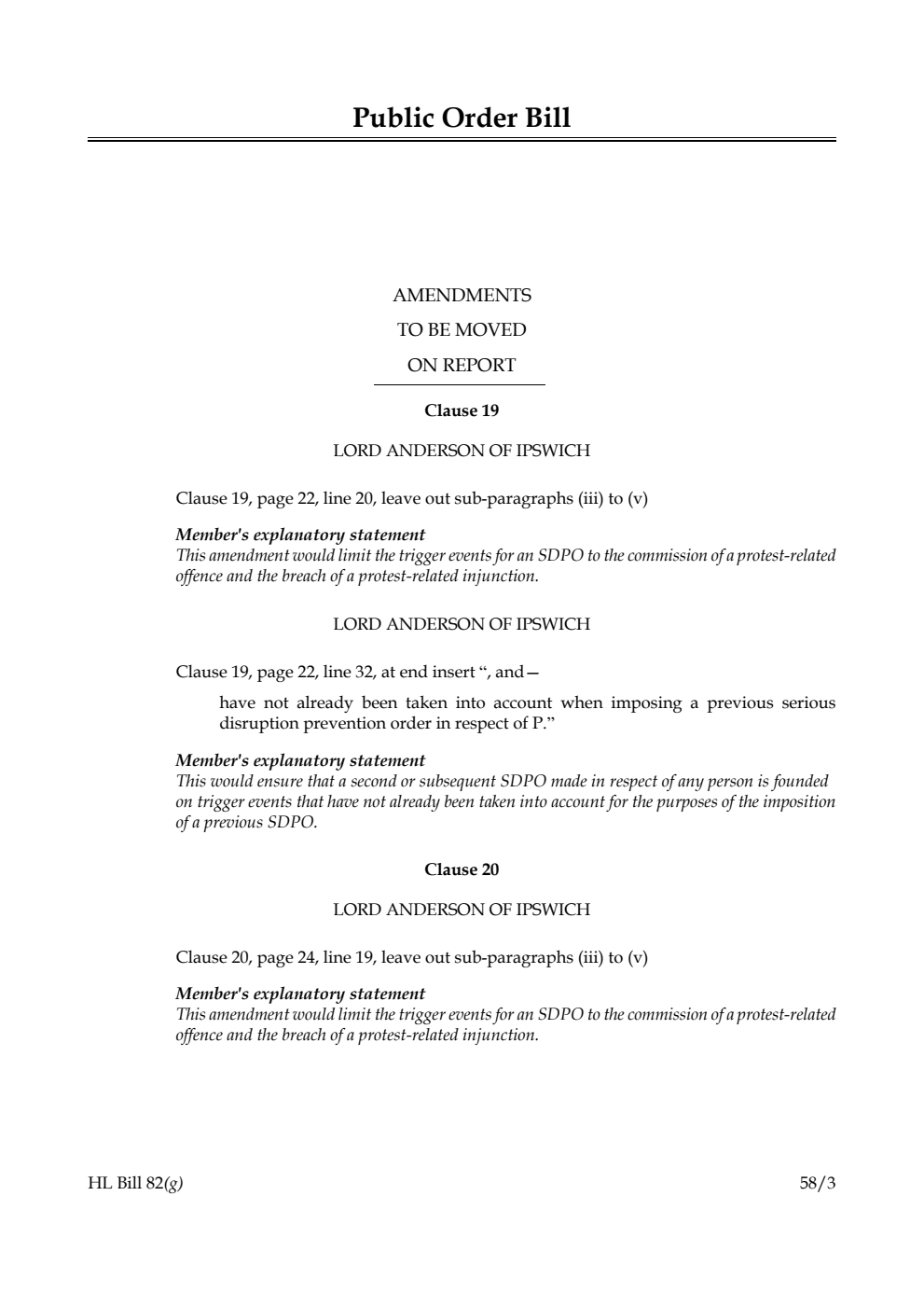 Public Order Bill Amendments to be moved on Report