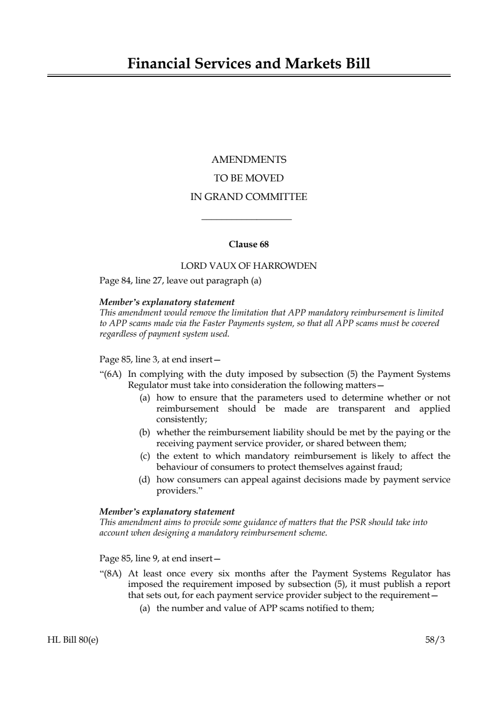 Financial Services and Markets Bill Amendments to be moved in Grand Committee