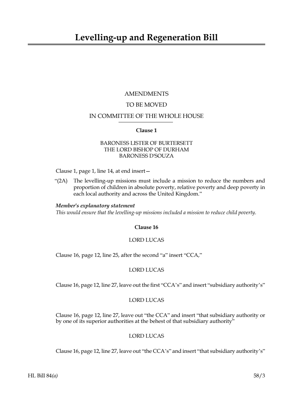 Levelling-up and Regeneration Bill Amendments to be moved in Committee of the Whole House