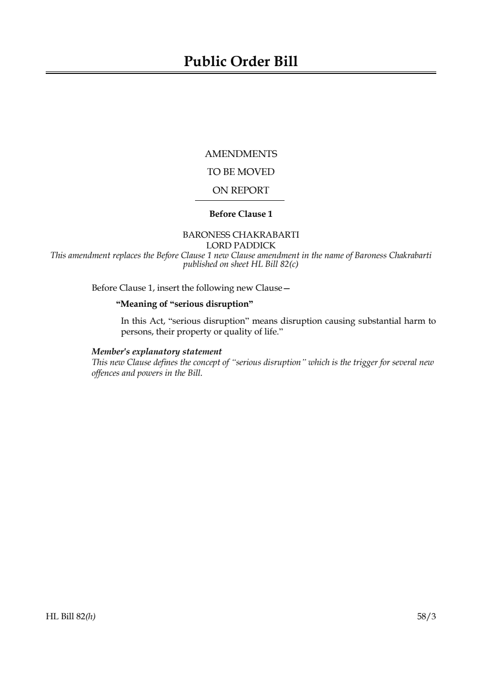 Public Order Bill Amendments to be moved on Report