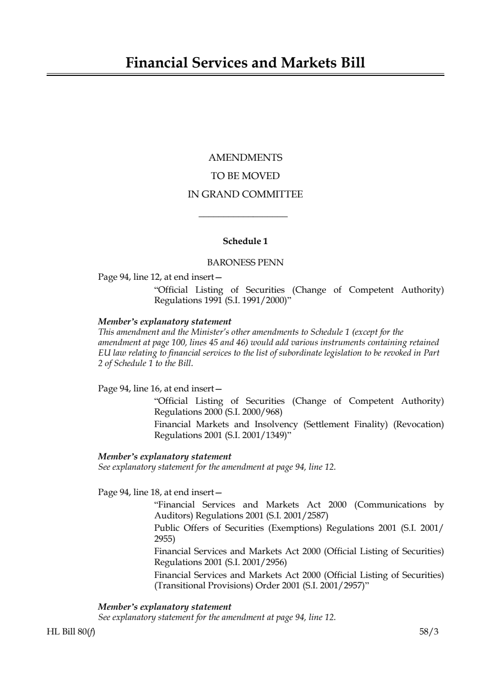 Financial Services and Markets Bill Amendments to be moved in Grand Committee