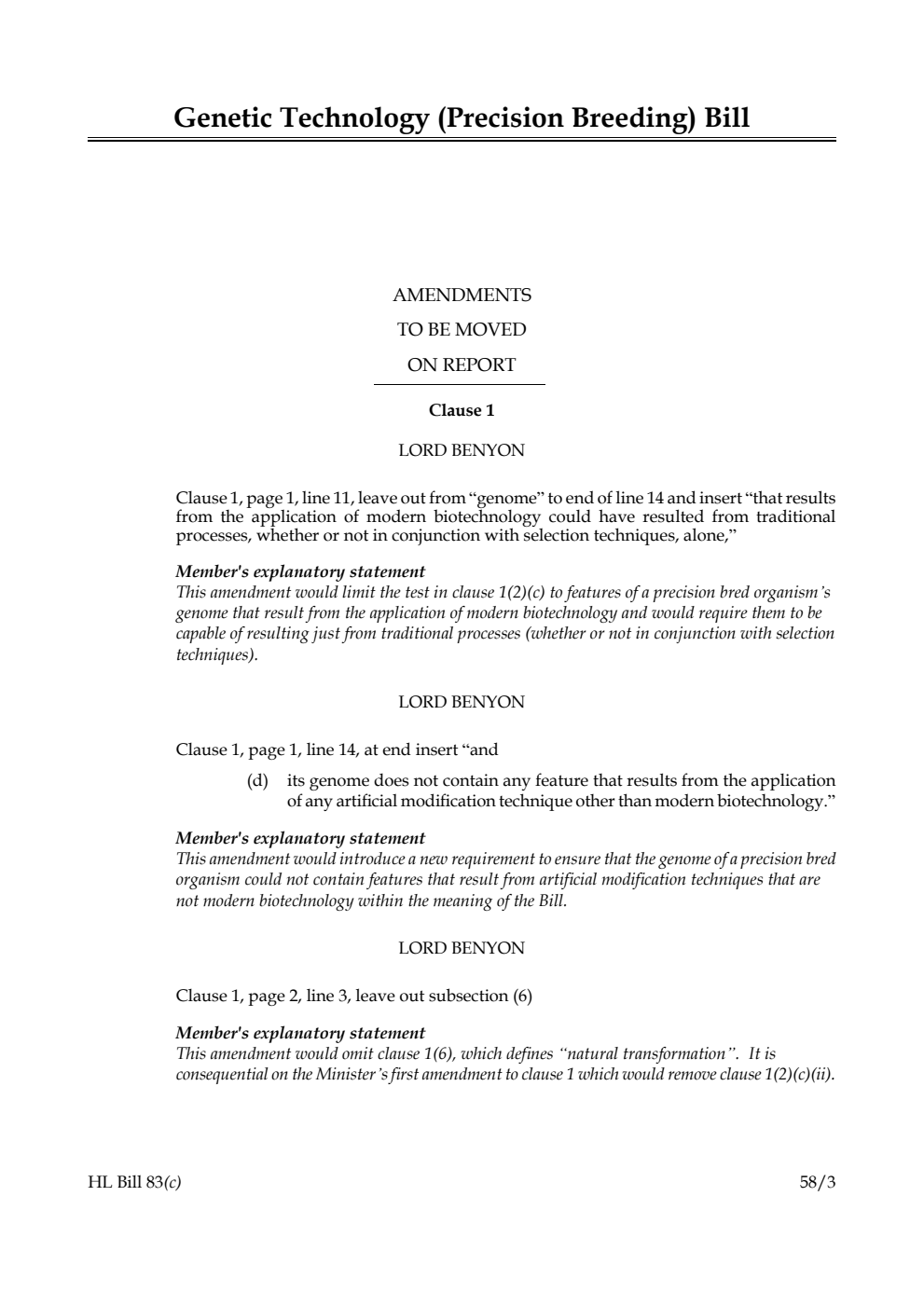 Genetic Technology (Precision Breeding) Bill Amendments to be moved on Report