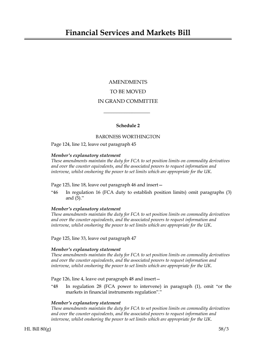 Financial Services and Markets Bill Amendments to be moved in Grand Committee