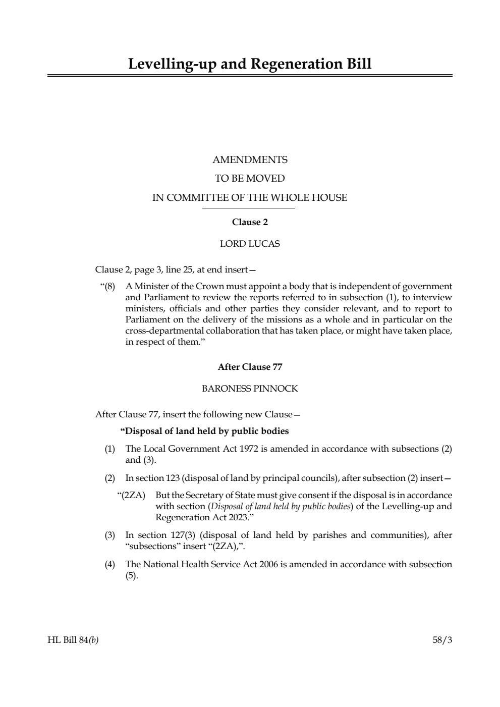 Levelling-up and Regeneration Bill Amendments to be moved in Committee of the Whole House