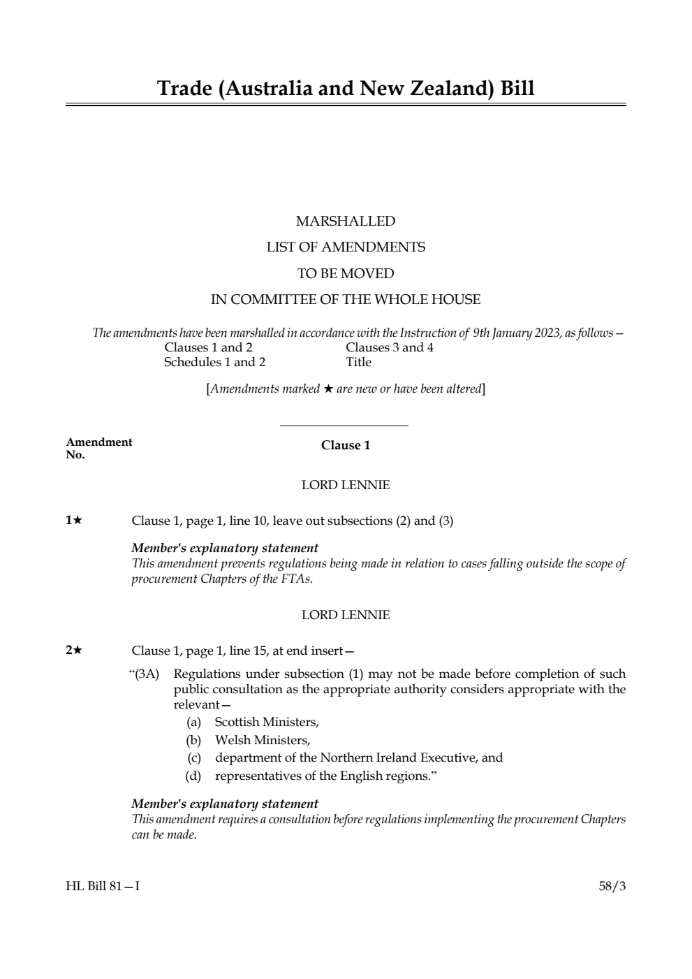 Trade (Australia and New Zealand) Bill Marshalled List of Amendments to be moved in Committee of the Whole House
