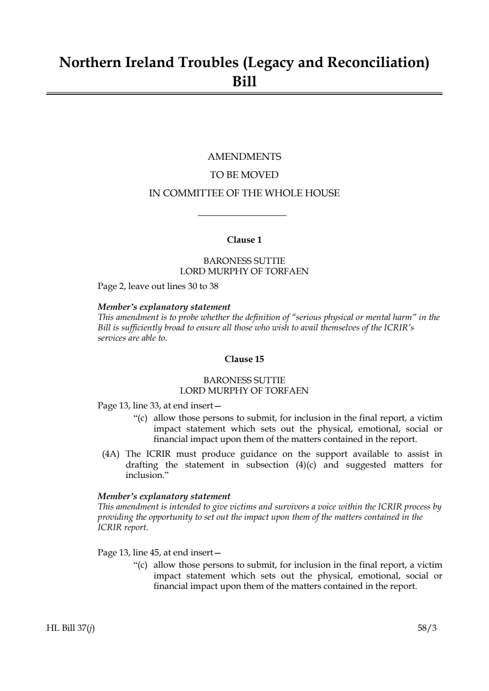 Northern Ireland Troubles (Legacy and Reconciliation) Bill Amendments to be moved in Committee of the Whole House