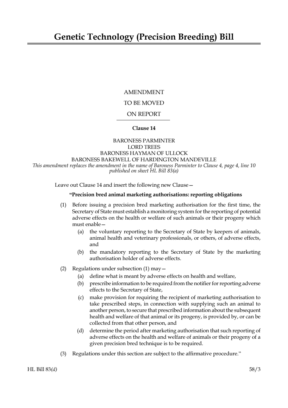 Genetic Technology (Precision Breeding) Bill Amendment to be moved on Report