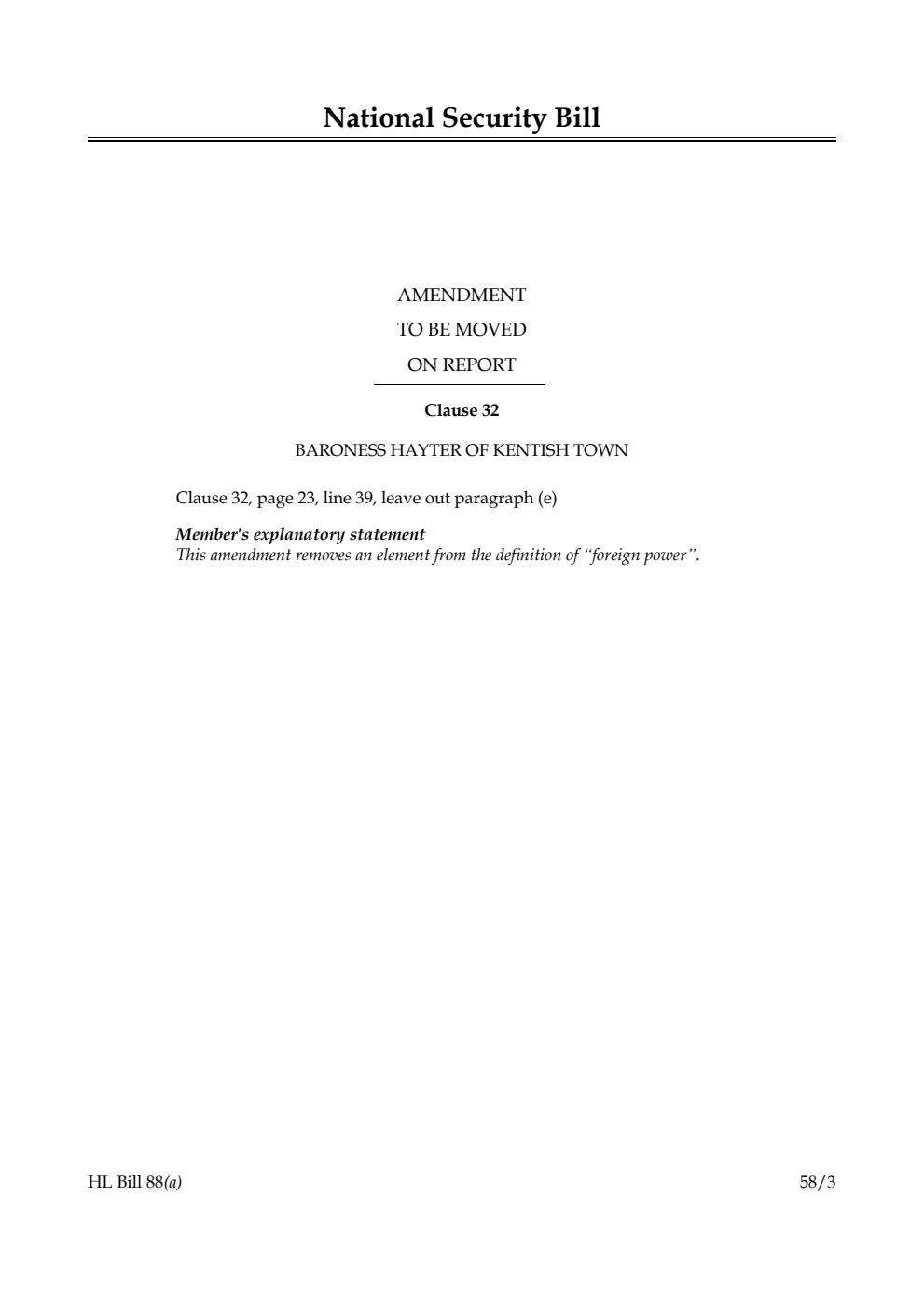 National Security Bill Amendment to be moved on Report