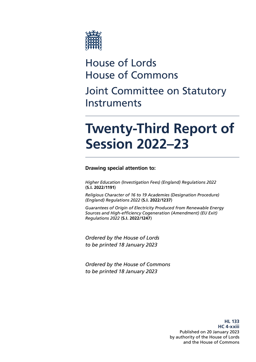 Joint Committee on Statutory Instruments 23rd Report of Session 2022-23