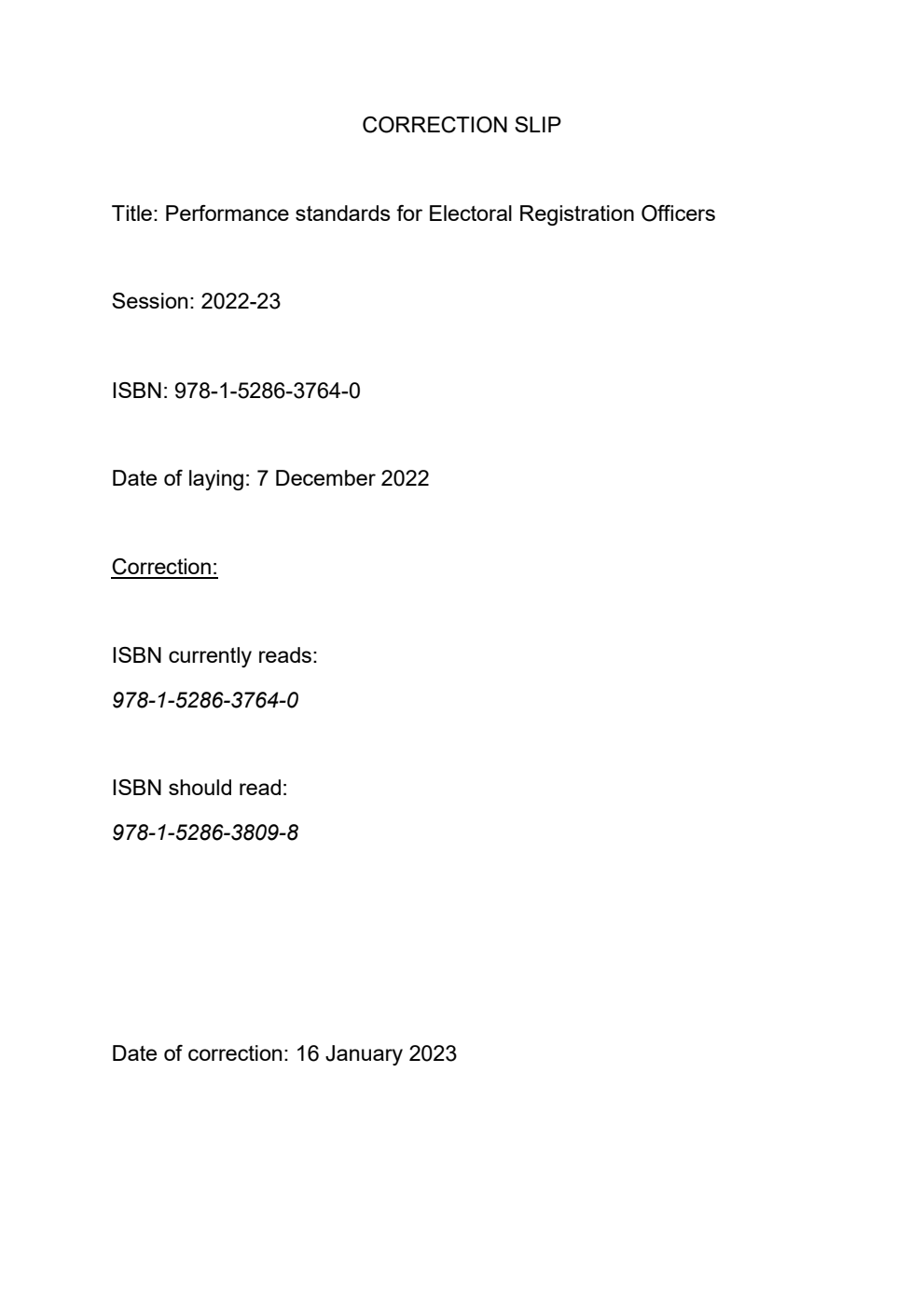 Performance standards for Electoral Registration Officers. December 2022. Correction Slip, January 2023