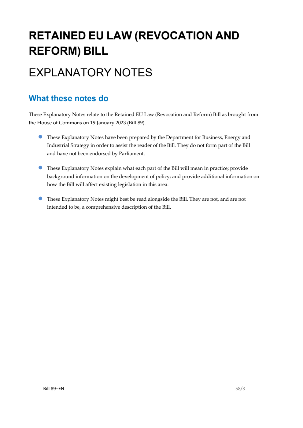 Retained EU Law (Revocation and Reform) Bill Explanatory Notes