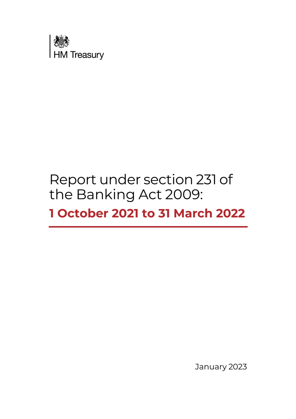 Report under section 231 of the Banking Act 2009: 1 October 2021 to 31 March 2022