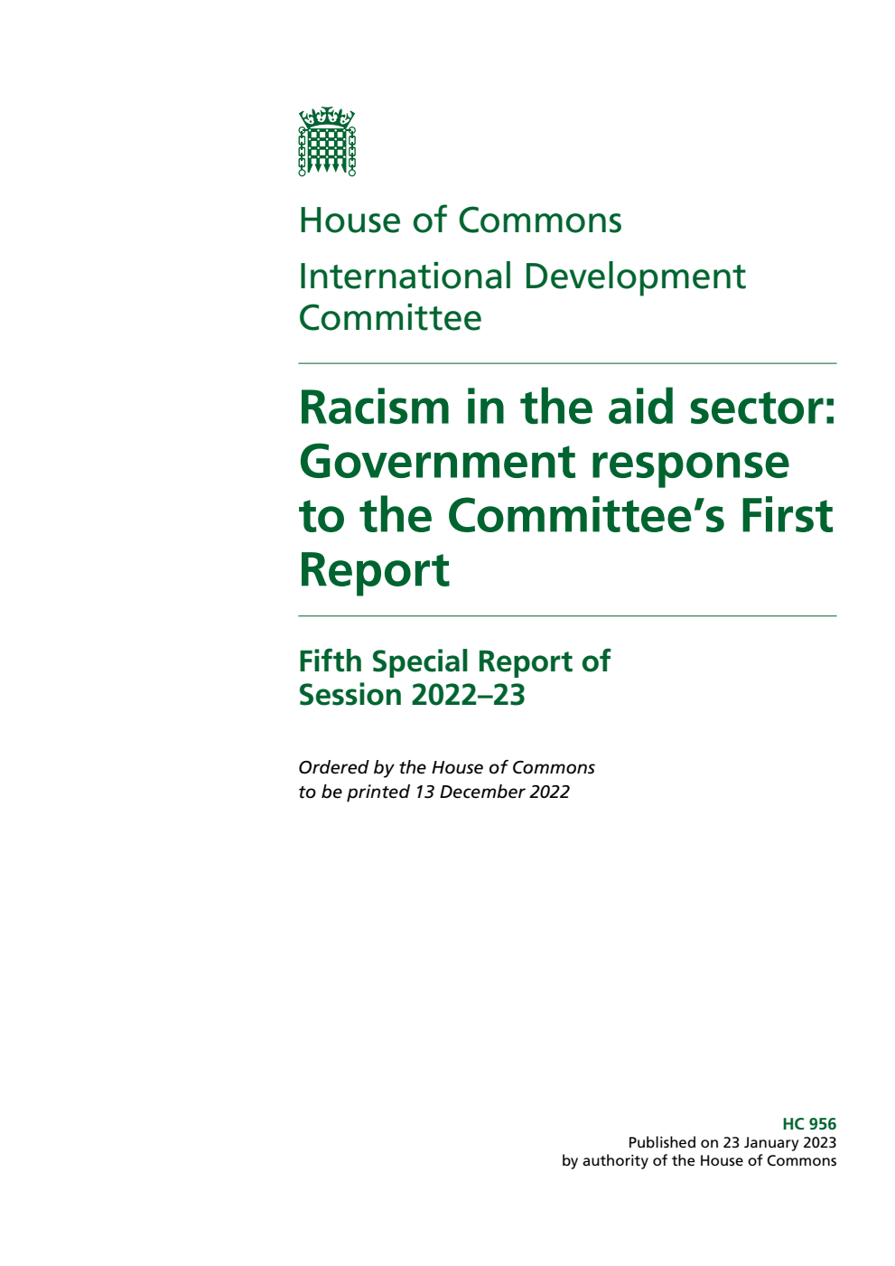 International Development Committee 5th Special Report. Racism in the aid sector: Government response to the Committee’s First Report