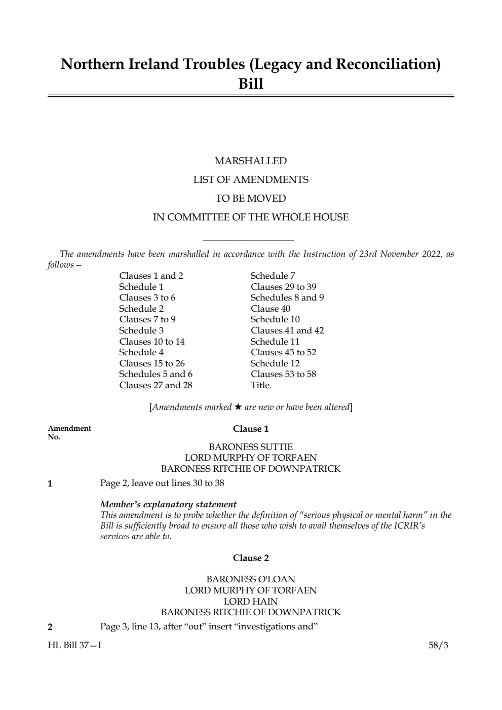 Northern Ireland Troubles (Legacy and Reconciliation) Bill Marshalled List of Amendments to be moved in Committee of the Whole House