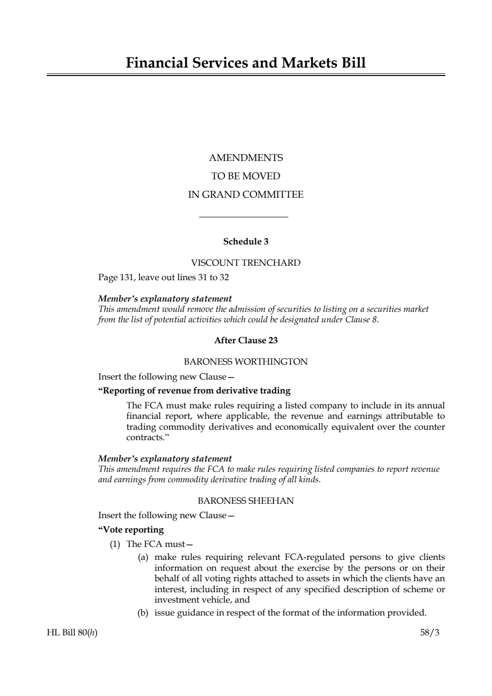 Financial Services and Markets Bill Amendments to be moved in Grand Committee