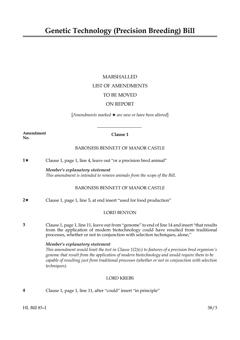 Genetic Technology (Precision Breeding) Bill Marshalled List of Amendments to be moved on report