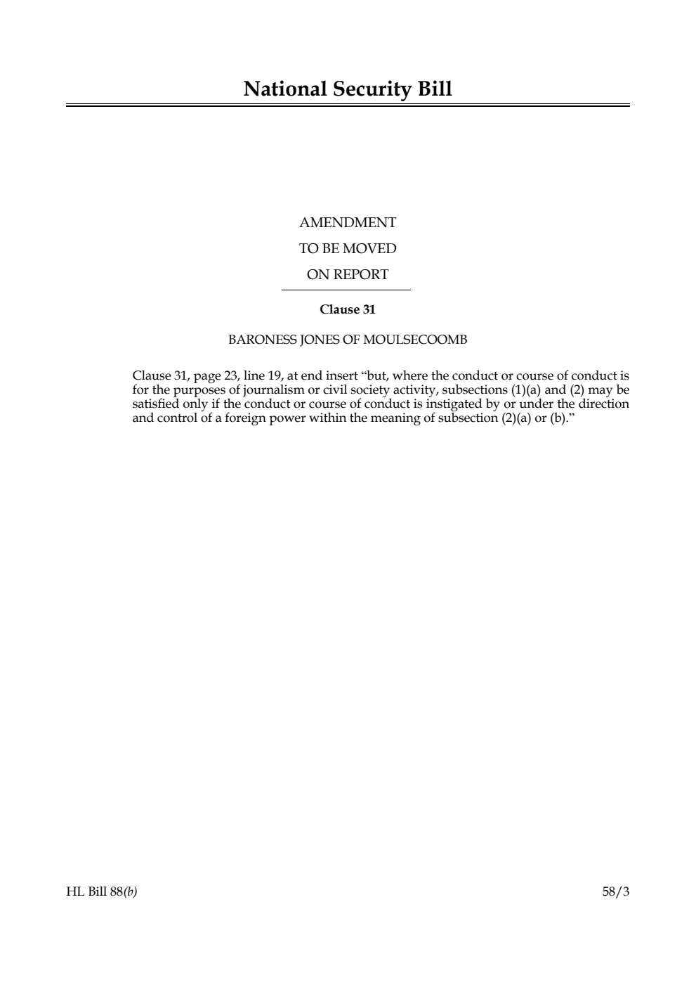 National Security Bill Amendment to be moved on Report