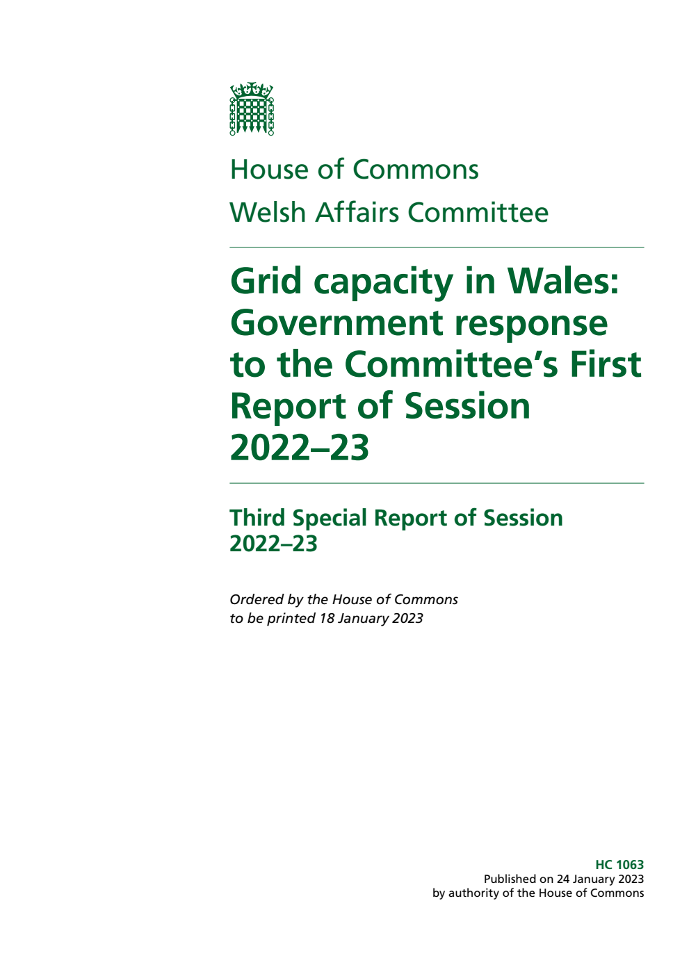 Welsh Affairs Committee 3rd Special Report. Grid capacity in Wales: Government response to the Committee’s First Report of Session 2022–23