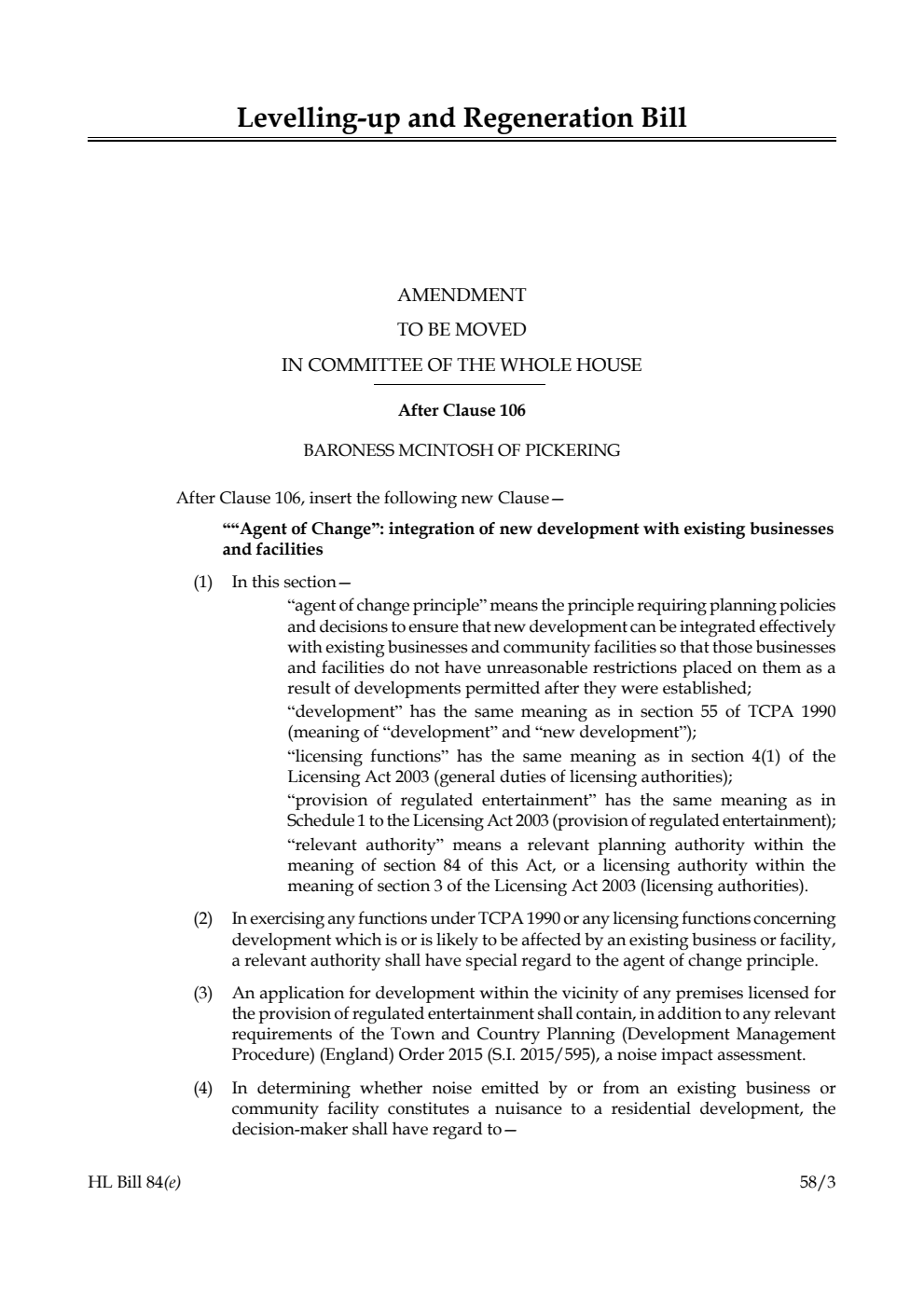 Levelling-up and Regeneration Bill Amendment to be moved in Committee of the Whole House