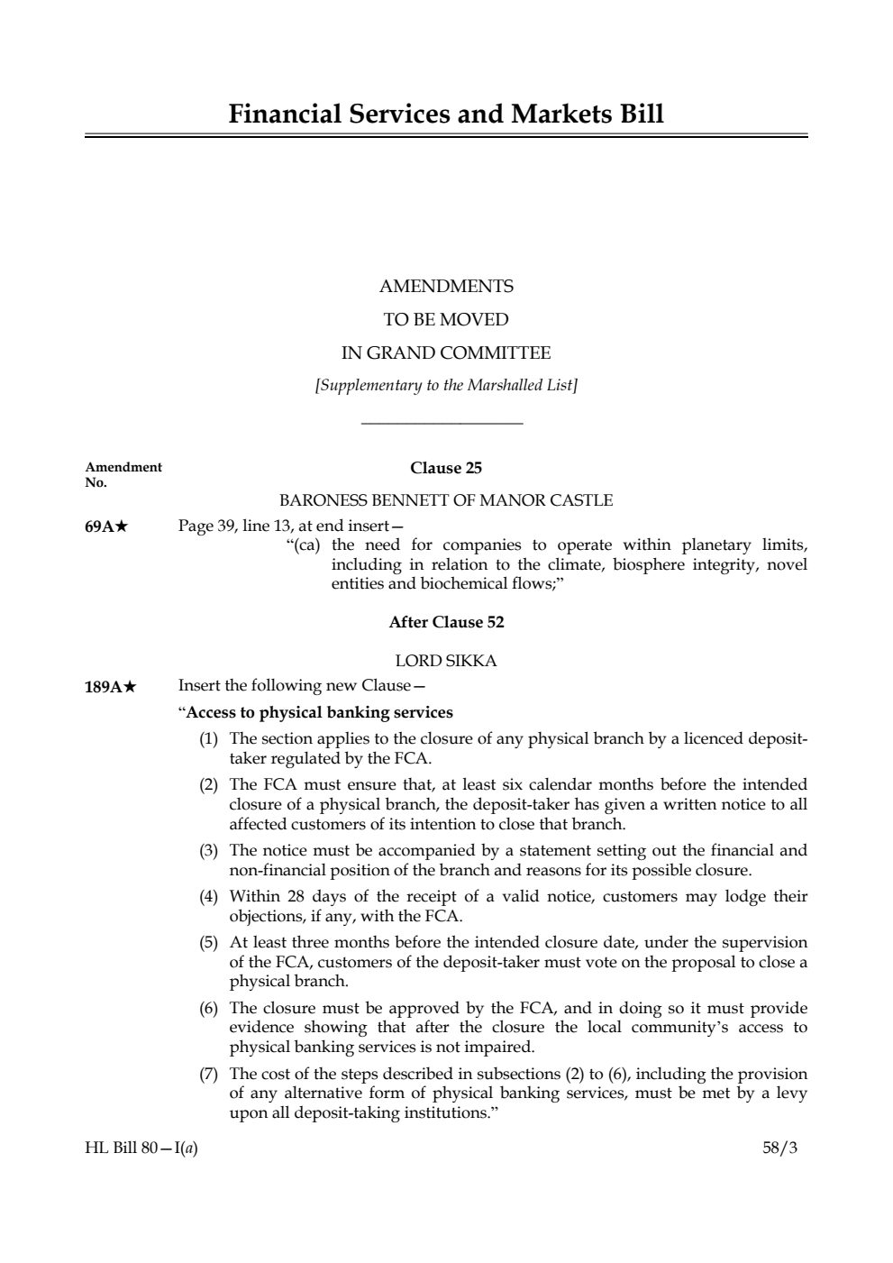Financial Services and Markets Bill Amendments to be moved in Grand Committee [Supplementary to the Marshalled List]