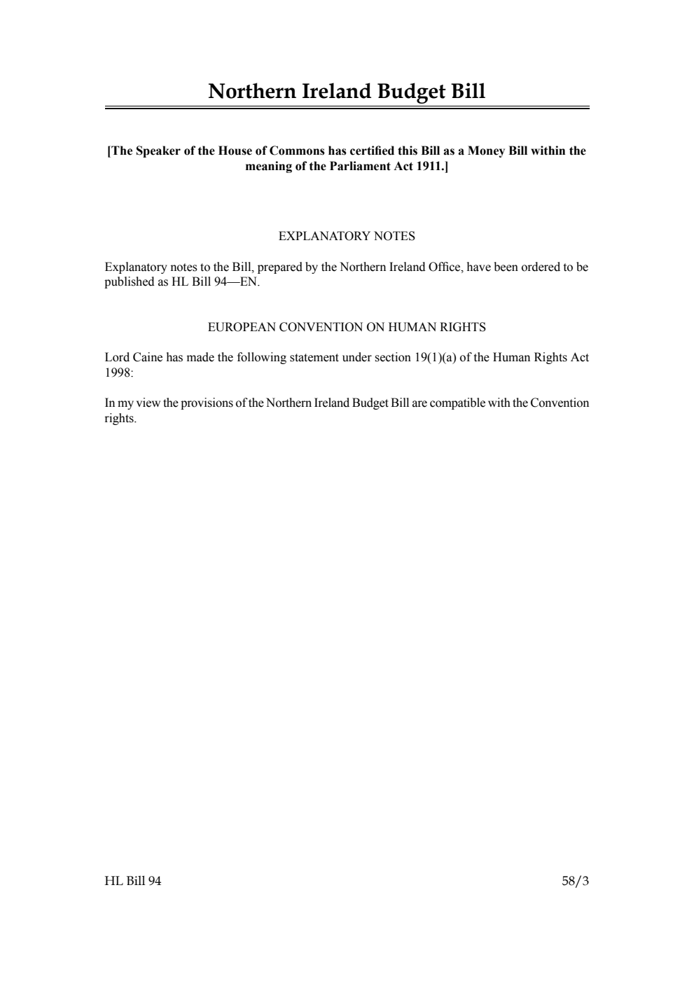 Northern Ireland Budget Bill