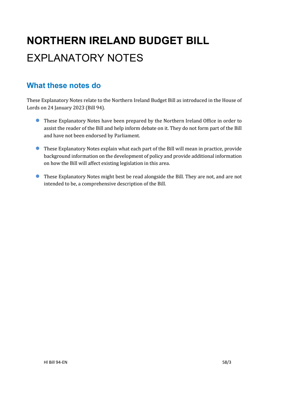 Northern Ireland Budget Bill Explanatory Notes