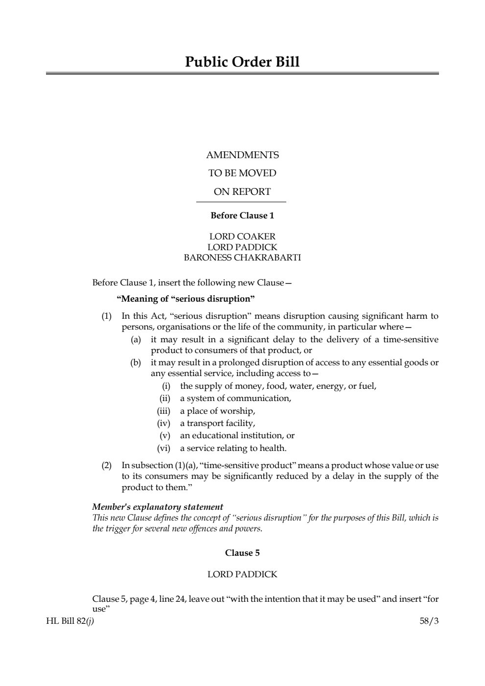 Public Order Bill Amendments to be moved on Report