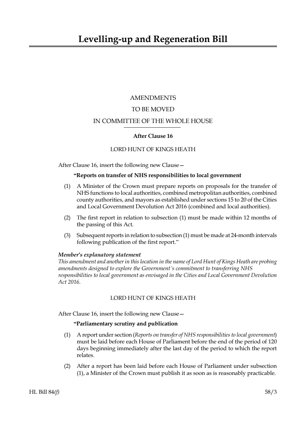Levelling-up and Regeneration Bill Amendments to be moved in Committee of the Whole House
