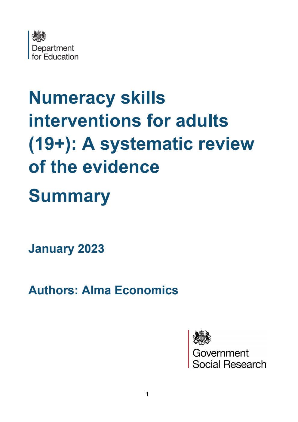 DFE-RR1319 Numeracy skills interventions for adults (19+): A systematic review of the evidence. Summary. January 2023
