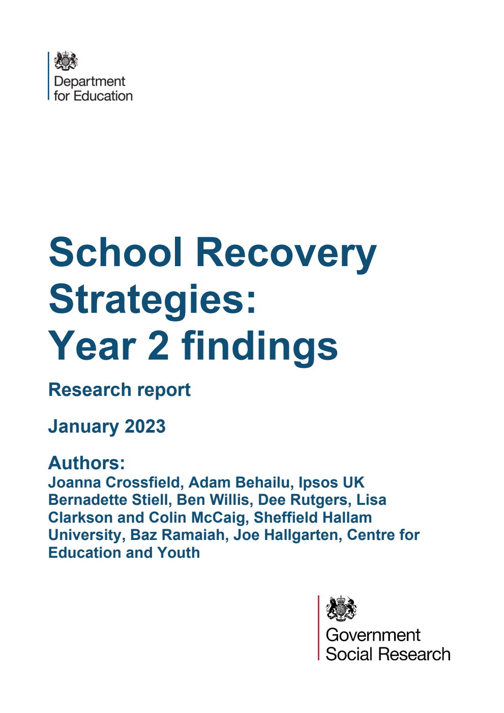 DFE-RR1318 School Recovery Strategies: Year 2 findings. Research report. January 2023
