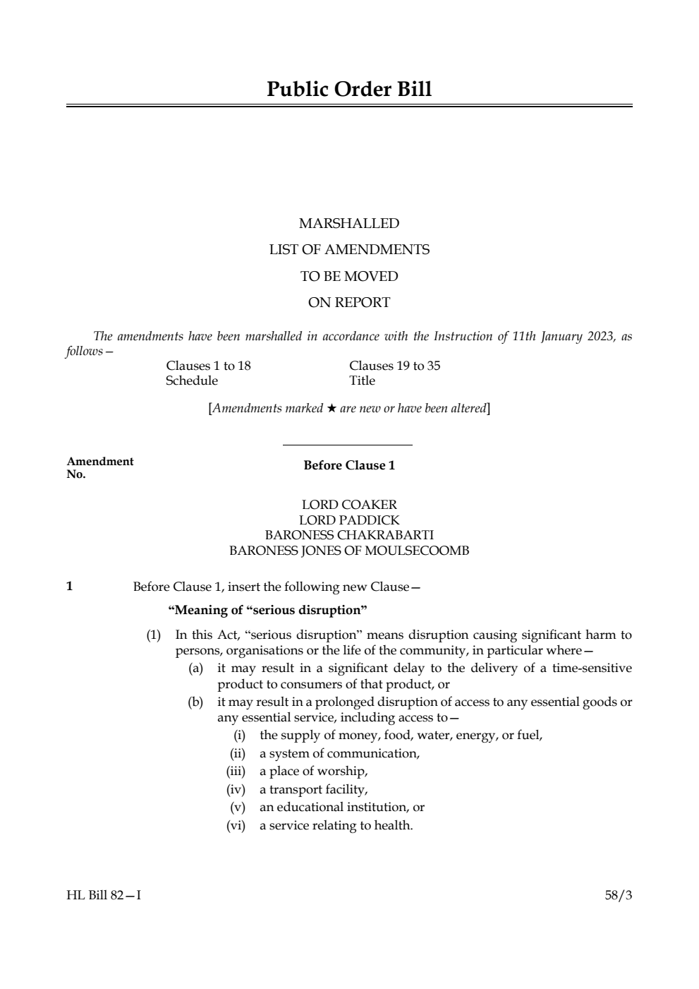 Public Order Bill Marshalled List of Amendments to be moved on report