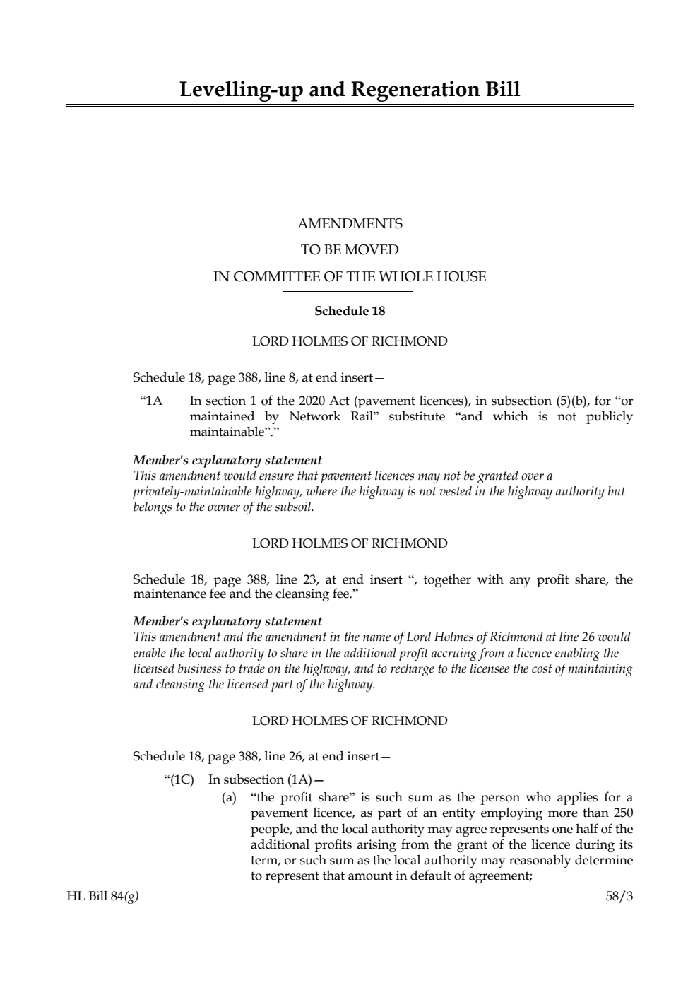 Levelling-up and Regeneration Bill Amendments to be moved in Committee of the Whole House